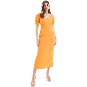 {ASOS DESIGN} Scoop Neck Pleated Waist Midi Dress - In Orange